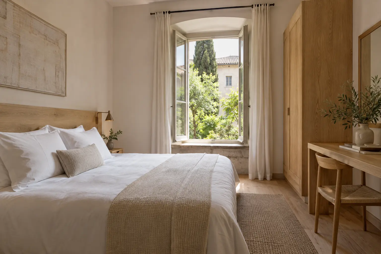 Immagine AI dimostrativa di una camera luminosa con letto in lino e arredi in legno, non una struttura reale