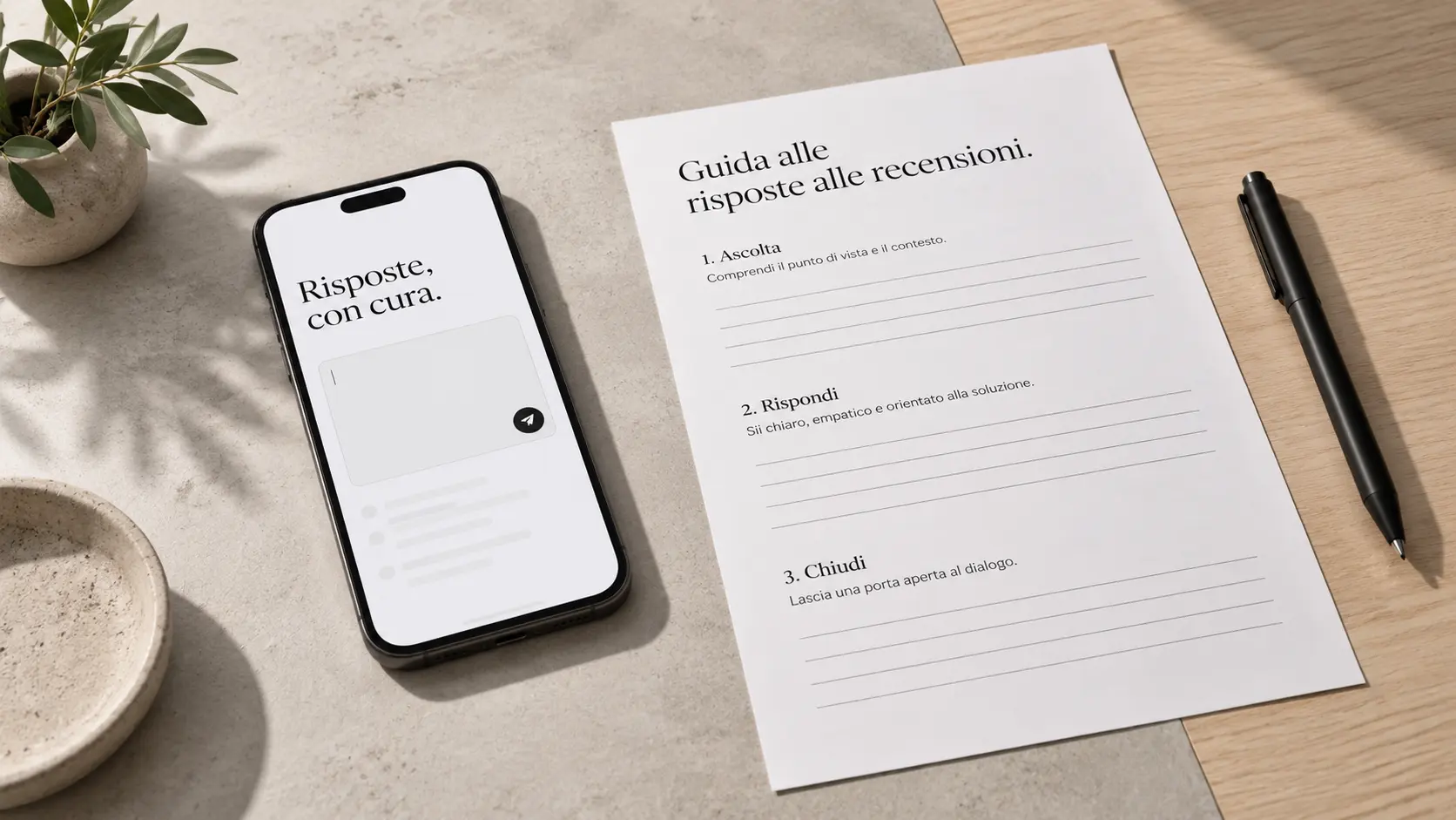 Concept fotografico generato di una guida alle risposte e un telefono; non è un profilo cliente