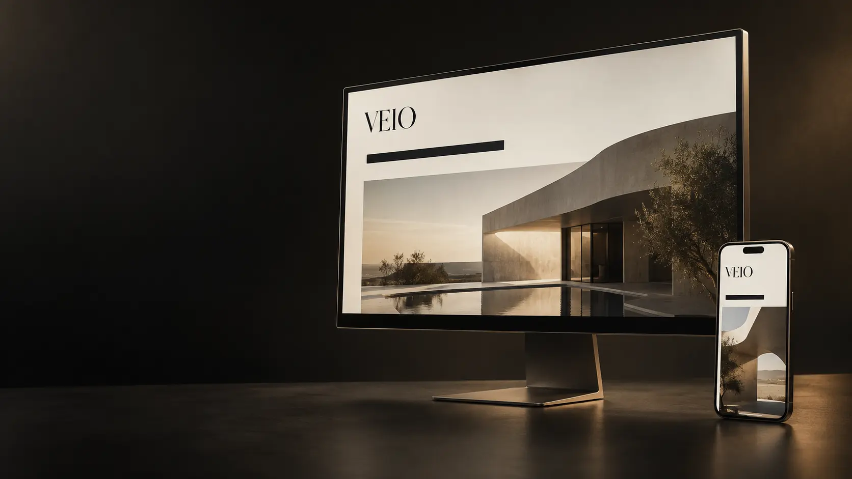 Mockup di presentazione VEIO: schermo e smartphone su set fotografico, visual dimostrativo